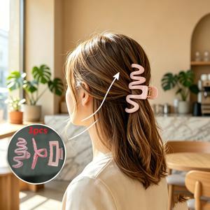 핑크색 헤어 클립 3개 세트, 한국식 귀여운 웨이브 클로 클립, 달콤한 뒤머리용 헤어 집게핀, 아크릴 헤어 클립, 샤크 클립, 무지 클립, 앞머리용 럭셔리 귀여운 헤어 클립, 두꺼운 머리용 대형 샤크 클립