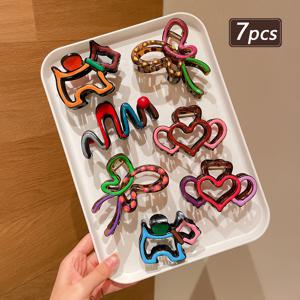 7개 세트 패셔너블한 오일 드롭핑 러브 하트, 강아지 나비 모양 폴카 도트 광택 있는 속이 빈 장식용 헤어 집게 클립, 포니테일 뒷머리용 샤크 클립, 반묶음 머리, 포니테일 및 번머리용, 데이트 및 해변 휴가용