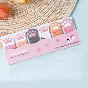 랜덤 색상, 120페이지/6권, 고양이 발바닥 포스트잇, 창의적이고 귀여운 재사용 스티커, 일렬로 앉아있는 사랑스러운 고양이 발바닥 메모패드