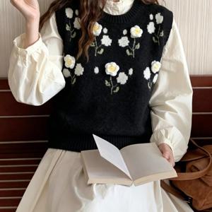 여성용 가을/겨울 캐주얼 헤비 플로럴 고급 디자인 풀오버 조끼, 부드럽고 친화적이며 편안한 원단, 높은 신축성, 두껍고 따뜻하며 형태 유지, 다용도, 고급스럽고 세련된 라운드 넥, 일상 통근에 적합