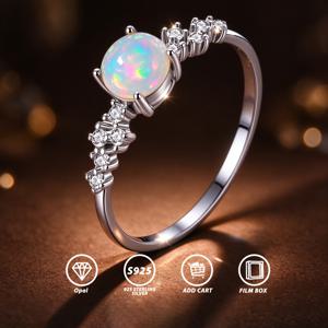 천연 오팔 S925 섬세한 반지, 저자극 경량 내구성, 여성 스타일, 6mm 원형 천연 오팔 세트, 천연 주얼리, 결혼 14주년 기념석, 10월 생일석, 데일리 착용에 적합