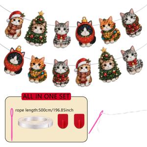 크리스마스 테마를 위한 귀여운 고양이 패턴 디자인의 펠트 배너 12개 세트, 벽, 창문, 문틀, 계단 手，난간 장식에 적합, 크리스마스 펠트 배너, 겨울 가족 모임, 크리스마스 장식