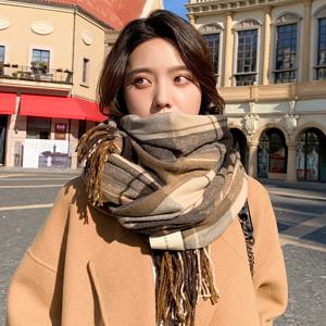 여성용 겨울 라지 카키 체크무늬 스카프 숄 랩 - 부드럽고 따뜻한 프リン지 술 체크무늬 숄, 일상복, 사무실, 여행, 생일 및 휴일 선물에 적합, 신축성 없는 추운 날씨용 액세서리, 클래식한 프リン지付き