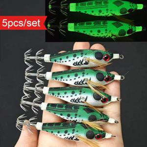 5개 야광 나무 새우 미끼 8cm 낚시 루어 수평 오징어 징 발광 문어 바다 낚시 루어 에기 세트
