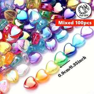 100개 9mm 혼합 AB 컬러풀 하트 모양 구슬, DIY 팔찌, 목걸이, 귀걸이, 보석류 및 공예용 다색 아크릴 구슬