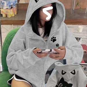 패셔너블 루즈핏 우아한 유럽&미국 스타일 여성 지퍼 스웨트셔츠, 신상 가을/겨울 안감 포함 후드 후드티, 트렌디 미국 빈티지 Y2K 스트리트 스타일 디자인, 심플 인스 스위트 쿨 카툰 귀여운 고양이, 고양이 발바닥 프린트, 고양이 귀, 멀티 프린트 패턴, 니치 롱슬리브 탑/다용도 캐주얼 지퍼 자켓 스웨트셔츠