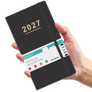 포켓 다이어리 2027 - A6 주간 한눈에 보는 다이어리 2027, 2027년 1월부터 12월까지, 가죽 하드커버 2027 주간 및 월간 다이어리, 고무 밴드 잠금 및 내부 뒷면 포켓