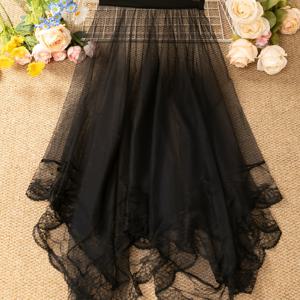 레이스 헴이 있는 단층 블랙 불규칙 메쉬 스커트 | 탄성 허리 밴드, 비대칭 밑단, 여름 캐주얼, 직장, 발렌타인데이, 데이트, 새해 카니발, 개학, 휴가 축하 행사에 적합