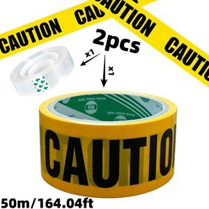 2개 노란색 경고 테이프, CAUTION 검은색 글자 부착식 안전 테이프, 최고의 읽기 용이성, 작업장 위험 지역 및 할로윈 장식에 적합