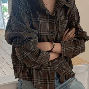 여성용 아메리칸 빈티지 다크 브라운 체크무늬 긴소매 라펠 셔츠, 크롭 드롭 숄더 릴랙스 스타일 캐주얼 패션 상의