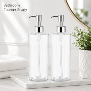 2개 500ml 투명 은색 펌프 헤드 누름 및 분사 병 대용량 누수 방지 리필 빈 병 욕실 호텔 주방 여행 샴푸 바디워시 로션 보관 병 가정용 손세제 액체 바디워시 빈 병 재사용 가능 코스메틱