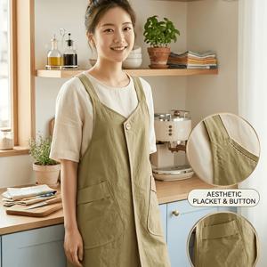 1개 여성용 민소매 앞치마, 버튼 색상 랜덤 1개, 베이킹 및 케이터링 특별 앞치마, 여성용 농가 앞치마, 주방 요리 앞치마, 여성용 간편한 올매치 앞치마, 가정용 앞치마, 이중 포켓 다기능 앞치마, 세척 용이 앞치마