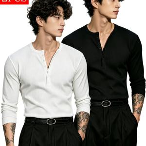 2개 세트 남성용 헨리 라운드넥 긴팔 골지 스트레치 슬림핏 피트니스 탑 여름 퀵 드라이 압스 트레이닝 베이스 레이어