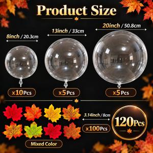 120개 DIY 단풍잎 투명 보바볼 세트, 8/13/20인치 혼합 사이즈, 100개 다양한 단풍잎 스팽글, 20개 보바볼 포함. 가을 테마 장식, 생일 파티 풍선, 할로윈, 추수감사절, 크리스마스 가정 파티 풍선 배열 및 완벽한 선물 장식에 적합합니다