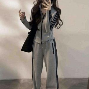 새 여성용 2피스 트랙수트 세트 스탠드 칼라 패널 탑 및 스웨트팬츠 따뜻하고 두꺼운 슬리밍 다용도 가을 겨울 캐주얼 의상 그레이 M-3XL