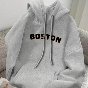 보스턴 남성용 캐주얼 후드티 - 포켓이 있는 아늑한 플리스 스웨트셔츠, 회색에 'BOSTON' 글자 프린트, 가을/겨울용 루즈핏, 캐주얼웨어 후디 | 후드 스웨트셔츠 | 폴리에스터 플리스 후디