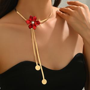 1세련된 가을-겨울 여성용 Y형 목걸이, 패셔너블 레진 레드 웨이브 플라워 플랫 스네이크 체인 지오메트릭 디스크 악센트, 긴 스웨터 체인, 데일리 웨어용 목걸이, 친구를 위한 휴일 선물, 아름답고 정교한 주얼리