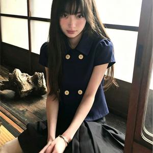여성 반팔 셔츠 카라 블라우스 크롭 남방 더블버튼 퍼프소매 슬림핏 날씬해보이는 하이틴 프레피룩 스쿨룩 데이트룩 개강룩 여름 네이비