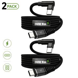 2개 묶음 240W 90도 USB-C-USB-C 고속 충전 케이블, L자형 직각 브레이드 충전 케이블, PD 초고속 충전 및 데이터 전송 지원, 아이폰 15 시리즈, 삼성, 맥북, 아이패드 호환, 6가지 색상으로 제공