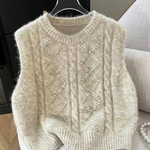 [] 부드럽고 푹신한 케이블 조끼 여성용 봄 가을 신상 두꺼운 레이어링 라운드넥 스웨터 캐주얼 조끼 재킷 겉옷