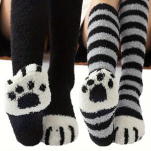 귀여운 고양이 패턴 프린트 따뜻하고 부드러운 탄성 홈 스포츠 양말 2켤레, 두꺼운 기모 미드-카프 가을 겨울 스타일, 여성용 양말, 고양이 양말, 여성용 고품질 양말, 압박 양말, 스크런치 양말, 긴 양말, 웃긴 양말
