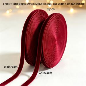 단면 벨벳 리본 2롤, 총 길이 549cm, 너비 1cm, 크리스마스 선물 포장용 벨벳 리본 DIY 크리스마스 트리 리본 보우 꽃 장식용 리본