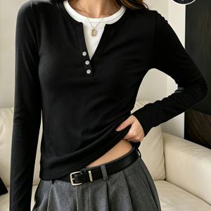 여성 아메리칸 빈티지 스타일의 2피스 긴팔 상의, 헨리넥 스타일의 3버튼, 슬림핏 바디핏 기본 티셔츠, 봄/가을용 캐주얼 다용도 긴팔 티셔츠, 따뜻한 언더셔츠