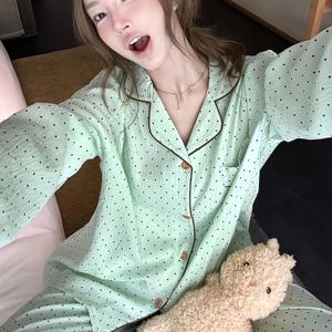 한국 스타일 레이지 시크 프레쉬 컬러블록 폴카 도트 긴팔 긴바지 파자마 라운지웨어 세트, 여성용 봄/가을 수면복 사계절 오픈프론트 가디건 세트, 편안하고 친절한 2피스 라운지웨어 세트