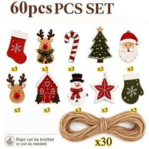 60개 크리스마스 나무 장식품 키트: 매달기 끈 30개 + 소박한 나무 장식품 30개, 산타 순록 눈사람 트리하우스 별 양말, 크리스마스 트리 벽난로 선반 문 창문 화환 갈land, 겨울 휴일 파티 DIY 공예 수제 선물용