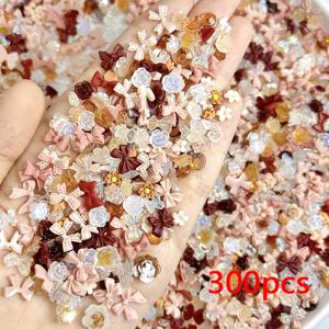300개 3D 미니 브라운 수지 네일 참 여성 DIY 공예용 / 한국 스타일 아크릴 리본 & 꽃 보석 - 가을 겨울 네일 아트 장식용 꽃 캡슐, 네일용 토퍼 용품 (수정 불가)