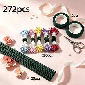 수제 DIY 액세서리 도구 세트 272개, 암술 250개, 인조꽃 줄기 20개, 진녹색 플로럴 테이프 2롤 포함, 꽃꽂이 DIY 재료 키트, 녹색 철사 꽃 줄기가 있는 공예용 꼬임 끈 부케 만들기, 부케, 화환에 적합 - 암술 래핑, 꽃집, 정원, 꽃 장식, 웨딩 용품, 할로윈, 크리스마스, 가정 장식용 플로럴 디자인 DIY 공예품 재료