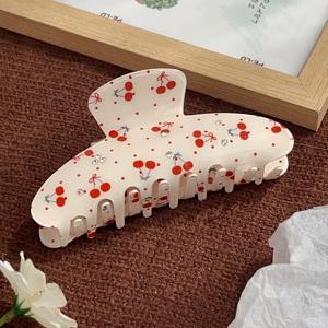 귀여운 체리 프린트 라인스톤 헤어 집게핀, 크림색 대형 아크릴 헤어 집게핀, 여성용 달콤한 폴카 도트 데일리 헤어 액세서리