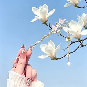 새로운 중국 스타일 이중 나비 꽃 파우더 스텝 바이 스텝 태슬 머리핀 여성용 새로운 중국 스타일 흔들리는 머리핀