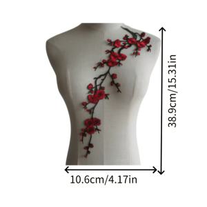 레드 매화 가지 자수 아플리케, 오프숄더 스타일 중국풍 수 놓은 패치, 가운/치파오 DIY 개조용