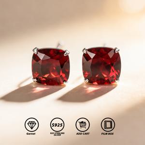 천연 가넷 S925 실버 귀걸이, 저자극성 및 가벼운 소재, 5X5/6X6mm 쿠션 컷 천연 가넷 상감, 우아하고 섹시한 레드 천연 주얼리, 발렌타인데이 선물