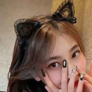 세련된 레이스 고양이 귀 머리띠 클립 | 여성용, 레트로 스타일, 단색, 데일리룩에 적합