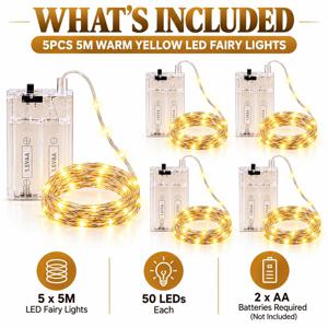 5개 세트: 5미터 LED 스트링 라이트 (전구 50개), 배터리 작동 유연한 은색 와이어 장식 조명; 따뜻한 노란색 및 시원한 흰색으로 제공, 가정, 파티, 캠핑, 결혼식 및 축제 장식에 적합