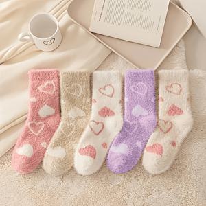 5켤레 두꺼운 플러시 따뜻한 하트 양말 - 산후용 가을/겨울에 적합, 하트 패턴과 골지 밑창이 있는 부드러운 중목 슬리퍼, 임산부를 위한 아늑한 바닥 양말, 관리 (손세탁 가능)