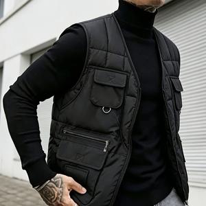 가을 겨울 남성 솔리드 컬러 - 패딩 V넥 멀티 포켓 카고 조끼, 아웃도어 골프 하이킹 여행 캠핑 베이스 레이어 보온 조끼, 스트리트 트렌디 쿨 테크웨어 조끼