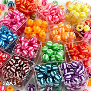 52개 10mm 아크릴 큰 구멍 원형 비즈, 혼합 색상 대비 수박 패턴 루스 비즈, 미술 공예 및 재봉 용품, 키체인, 휴대폰 체인, 귀걸이, 목걸이, 팔찌, 의류 장식, 홈 데코용 장식 비즈