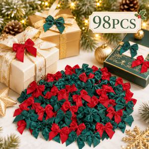98개 크리스마스 미니 새틴 리본 보우, 1인치 버건디/다크 그린 미니 보우, 크리스마스 파티 장식, 재봉, 스크랩북, 카드 만들기, 결혼식, 크리스마스 드레스, 헤어 장식, 선물 장식에 적합