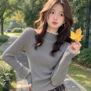 여성용 레이스 하프 터틀넥 풀오버 스웨터, 가을/겨울 내부 레이어 스웨터, 신축성 있는 슬림핏 상의, 캐주얼 아우터웨어 베이스 레이어
