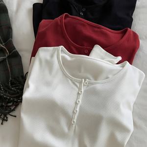OYTR 여성용 3개 세트 단색 앞면 단추 장식 크루넥 긴소매 티셔츠 - 가을/겨울용 비베이스 레이어, 기계 세탁 가능, 캐주얼 및 오피스웨어용 레이어링