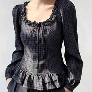 초가을 스위트 & 쿨 레이스 칼라 타이 웨이스트 크롭 긴소매 빈티지 체크무늬 셔츠 블ouses 여성용
