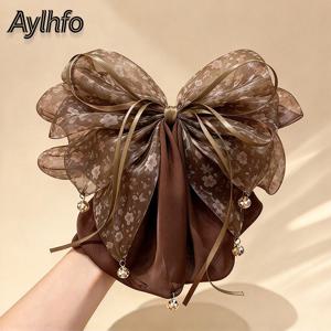 Aylhfo 1개 빈티지 시ース러운 오간자 꽃 리본 나비 머리핀, 펜던트 술 장식 긴 리본 나비 상어 집게 클립, 여성을 위한 미적 헤어 그립, 로맨틱한 결혼식 일상 헤어 액세서리