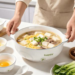도자기 국그릇 21.5cm 대접 면기 된장찌개 떡볶이 라면 그릇 양귀 스프볼 식당용 가정용 식기 주방 용품 슬림소녀