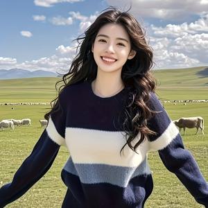 여성용 우아한 컬러블록 스웨터 - 봄 여름 가을용 소프트 스트레치 라운드넥 긴팔 풀오버, 캐주얼 & 포멀룩, 귀여운 스웨터, 계절 패션, 비침 방지 원단