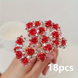 18개 세트, 레드 엘레강스 로즈 라인스톤 U자형 여성용 머리핀, 주얼리 라인스톤과 장미 장식이 있는 다기능 조절식 합금 신부 헤어 액세서리, 머리핀 세트 — 결혼식, 공연, 디너 파티, 데일리웨어에 완벽하게 적합 | 16세 이상 십대 및 여성용