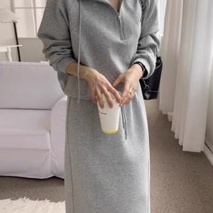 가을 레트로 심플 반지퍼 드로스트링 긴팔 스웨터 + 뒷 슬릿 스커트 스ーツ