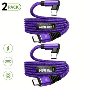 2개 묶음 240W 90도 USB-C-USB-C 고속 충전 케이블, L자형 직각 브레이드 충전 케이블, PD 초고속 충전 및 데이터 전송 지원, 아이폰 15 시리즈, 삼성, 맥북, 아이패드 호환, 6가지 색상으로 제공